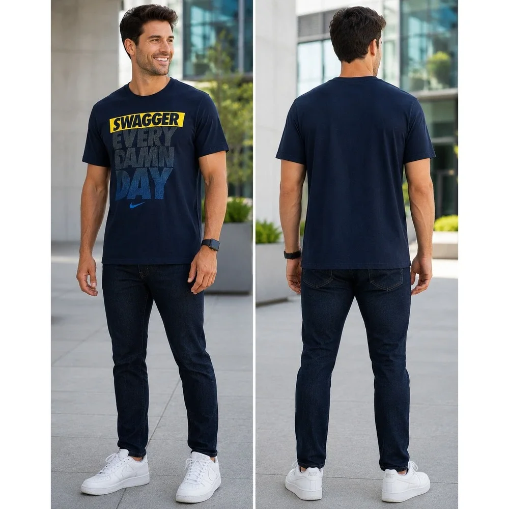 Nike Basic Tee  T-Shirt Mens M Navy Embroidered Swoosh Athletic 561416-41S